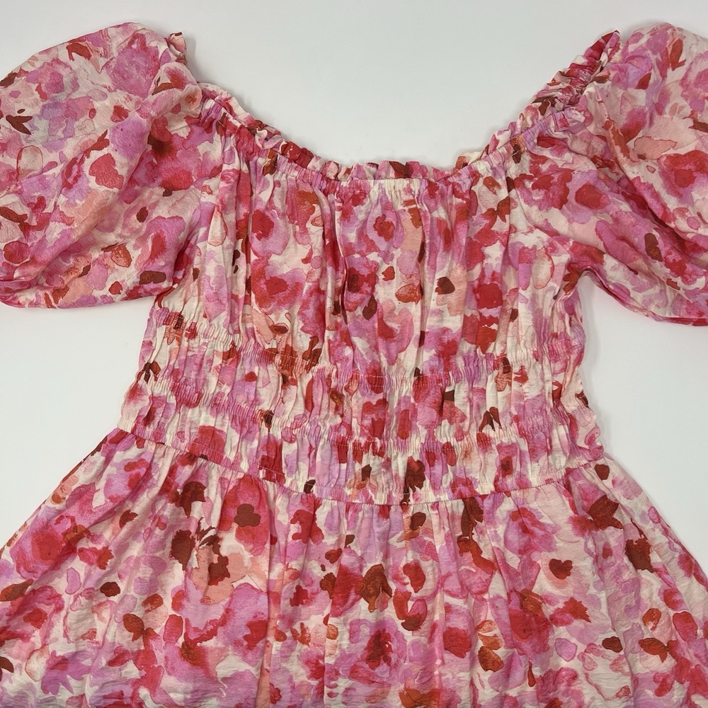 H&M Pink Floral Watercolor Print Dress Off the Shoulder Short Sleeve Midi Medium